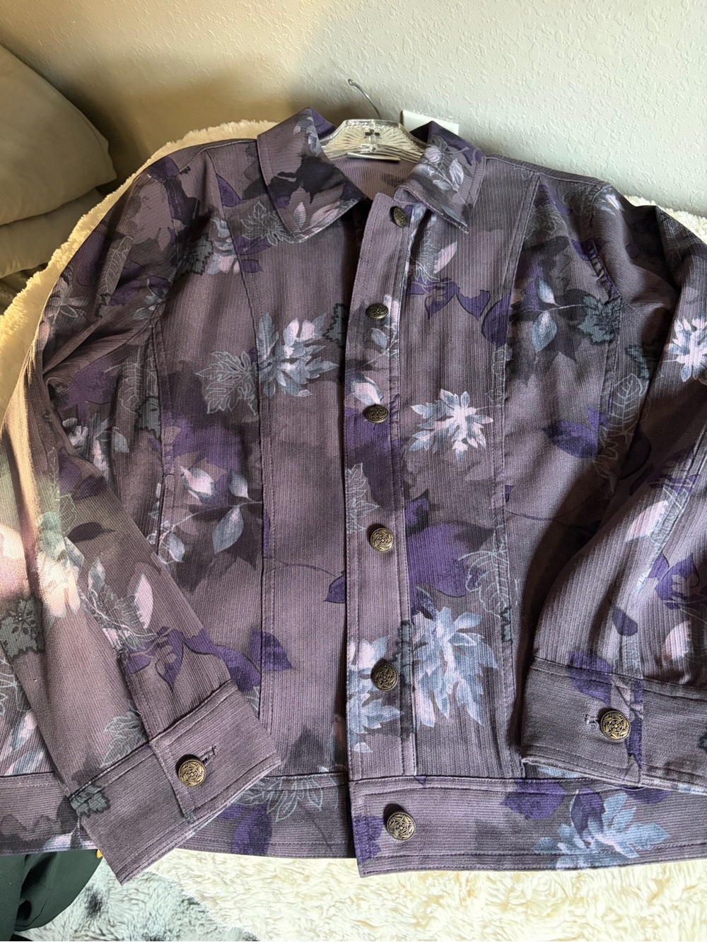 Draper and Damon’s purple leaves button up lightweight jacket